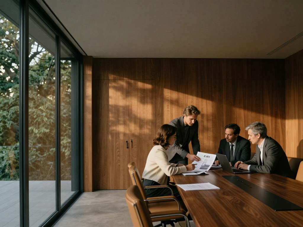 Consultants reviewing business plans together in a sunlit, wood-paneled boardroom